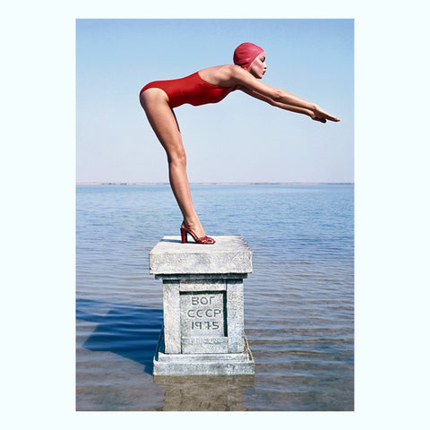 Jerry Hall on a Diving Plinth, 1975 Art Print