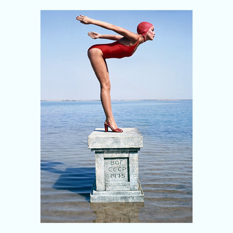 Jerry Hall on a Diving Plinth, 1975 Art Print