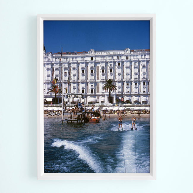 farmed art print of a hotel in front of the sea